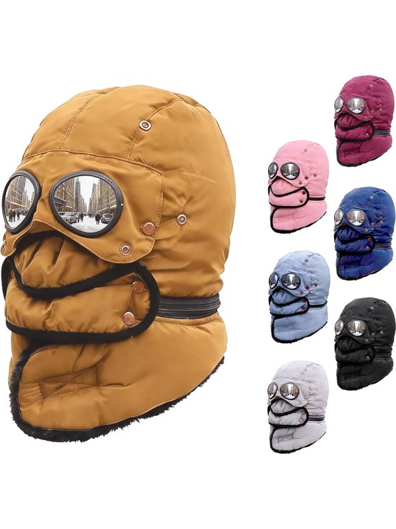Winter Thermal Hat with Detachable Goggles & Face Mask, 4-in-1 Windproof Fleece Aviator Hat for Ski Snow Sports (Yellow)