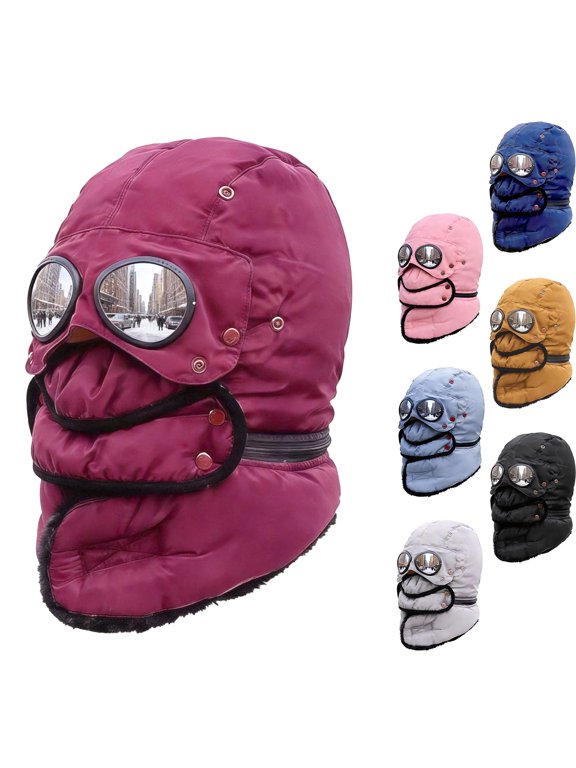 Winter Thermal Hat with Glasses,4-in-1 Windproof Aviator with Detachable Goggles & Face Mask,Fleece Lined for Ski Snow Sports