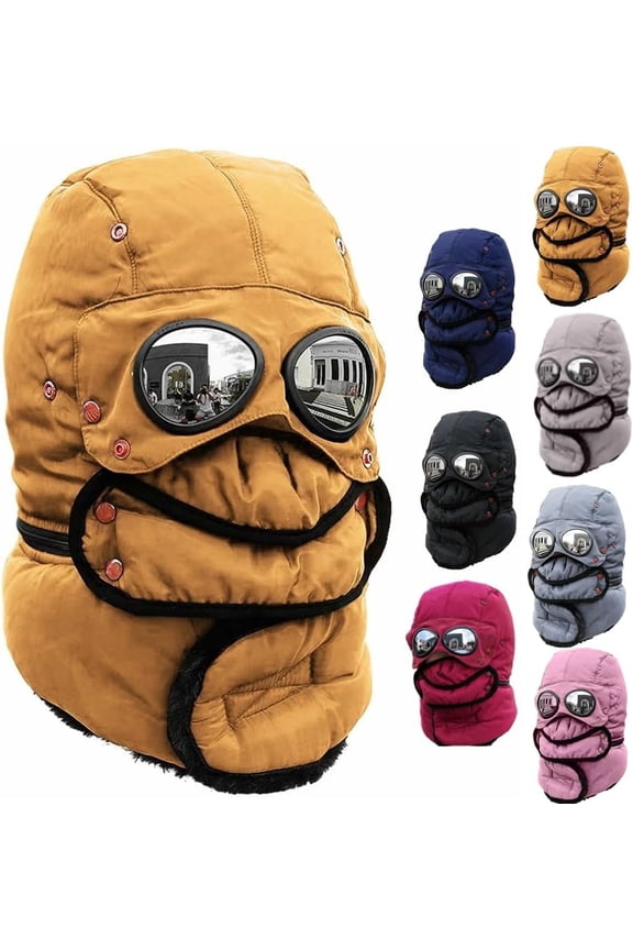 Winter Thermal Hat with Glasses, 4 in 1 Windproof Warm Hat Detachable Mask Neckband, Outdoor Fur Snow Hats