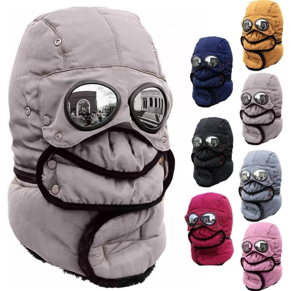 Winter Thermal Hat with Glasses, 4 in 1 Windproof Warm Hat Detachable Mask Neckband, Outdoor Fur Snow Hats