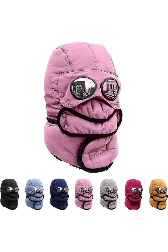Winter Thermal Hat with Glasses, Detachable Fleece Lined Windproof Mask for Skiing, Hiking, and Cold Weather Outdoor Activities