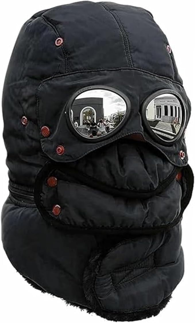 Winter Thermal Hat with Glasses Windproof Ski Mask Cap Fashion Warm Hat with Goggles for Cycling（black）