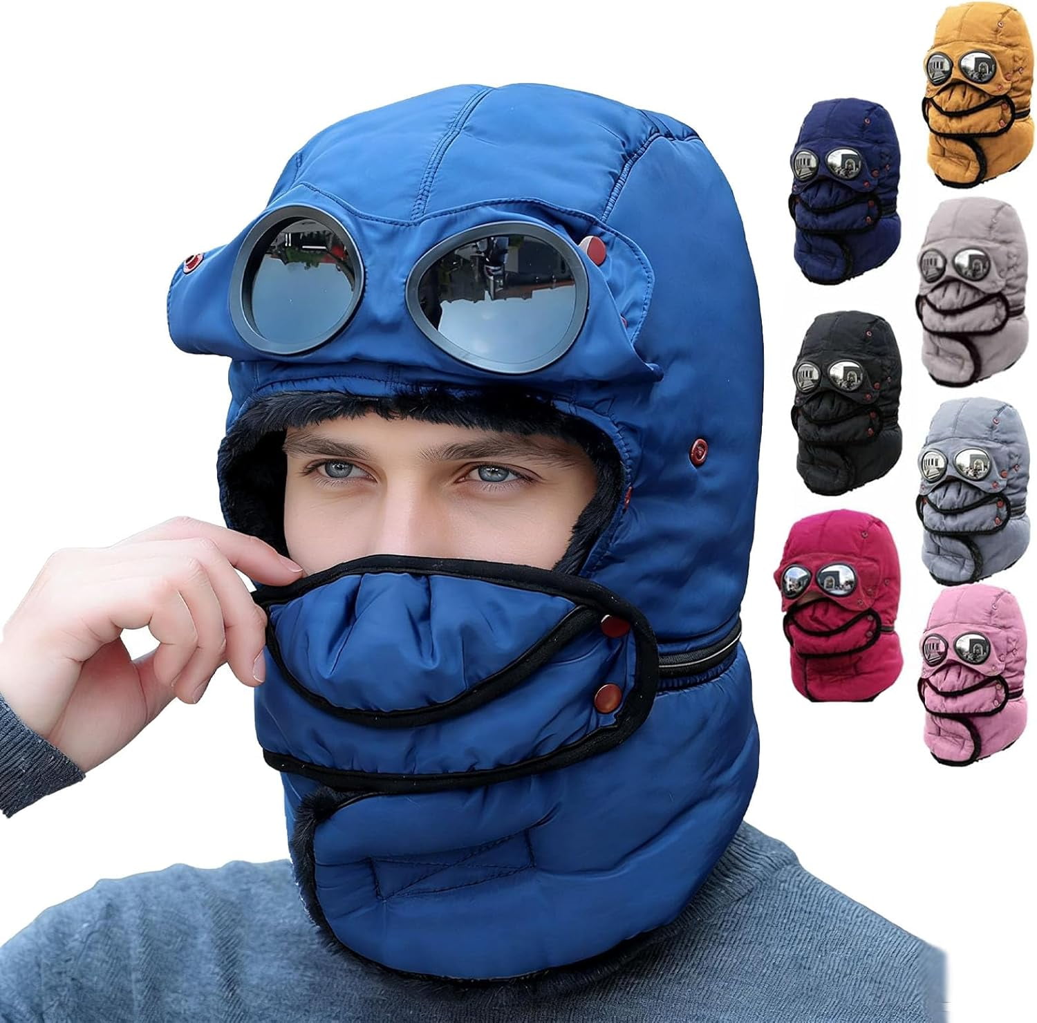 Winter Thermal Hat with Glasses, Winter Pilot Hat Trapper Hats, Beanie with Goggles, Cycling Windproof Ski Mask Cap