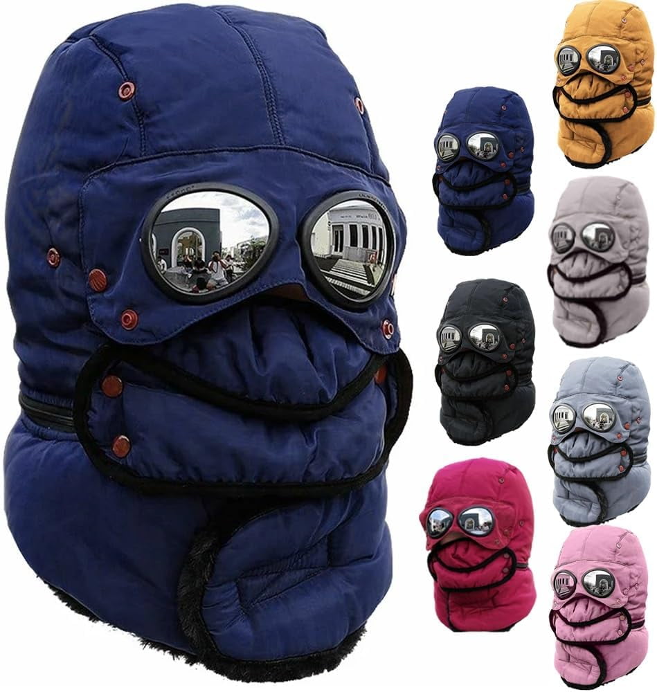 Winter Thermal Hat with Glasses Winter Pilot Hat Trapper Hats with Removeable Mask for Men Women
