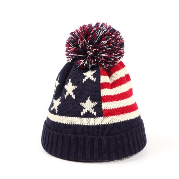 Winter Thermal Knit Hat for Men Women, Warm Lined Beanie Cap with USA Flag Design and Pom-Pom Top, Cozy Bobble Hat for Cold Weather, Skiing, Hiking and Outdoor Sports