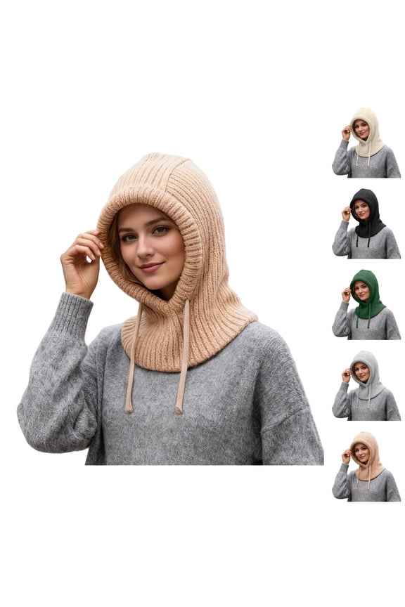 Winter Thermal Knitted Balaclava with Face Scarf, 100% Merino Wool Warm Hooded Scarf for Men & Women, Windproof Ear Cap for Outdoor Sports Cold Weather