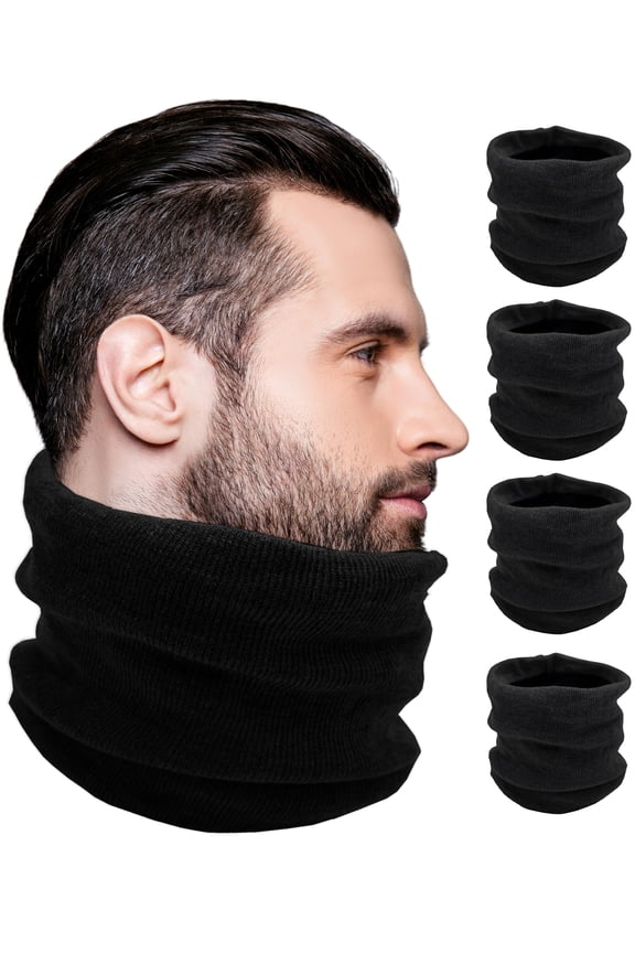 Winter Thermal Neck Gaiter, 4 Pack Fleece Lined Interior Warm Scarf Tube Wrap, Mens Womens Bulk (Black)