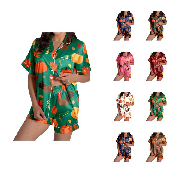 Winter Thermal Pajama Sets – Cozy Sleepwear, Comfortable Lounge Sets for Cold Nights Ladies' Thanksgiving Turkey Print Pajama Shorts Set 2024