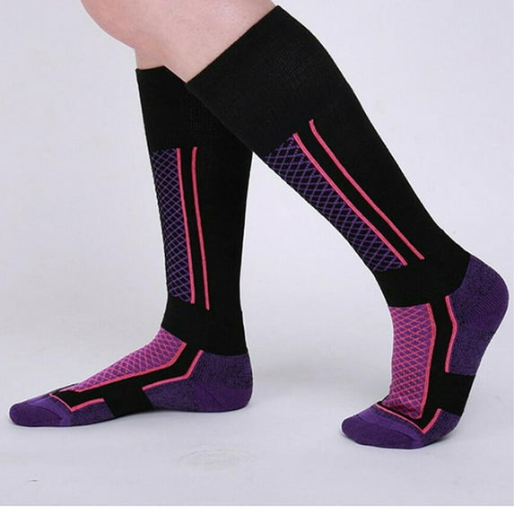 Winter Thermal Ski Socks for Men and Women, Thick Cotton Blend Snowboard Socks with Seamless Toe, Over The Calf Length Warm Socks for Outdoor Sports, Moisture Wicking Cold Weather Skiing Socks Purple
