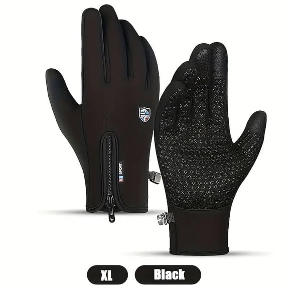 Winter Thermal Touchscreen Gloves - Windproof Knitted Gloves with Zipper Closure, Black Sizes M L XL