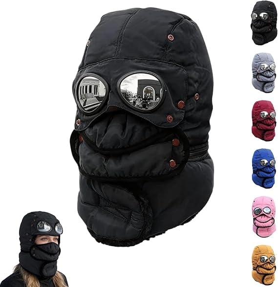 Winter Thermal Trapper Hat with Goggles & Face Mask, Full Coverage Pilot Style Ski Hat for Men & Women – Windproof Cold Weather Hat for Skiing(1pcs-black)