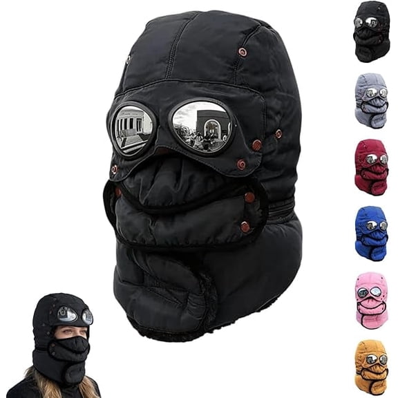 Winter Thermal Trapper Hat with Goggles & Face Mask, Full Coverage Pilot Style Ski Hat for Men & Women Windproof Cold Weather Hat for Skiing(1pcs-black)