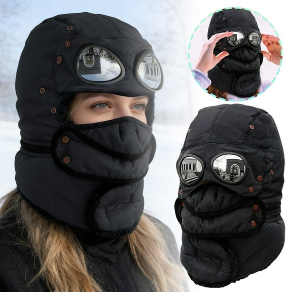 Winter Thermal Trapper Hat with Glasses, Winter Cycling Windproof Ski Mask Cap,Black