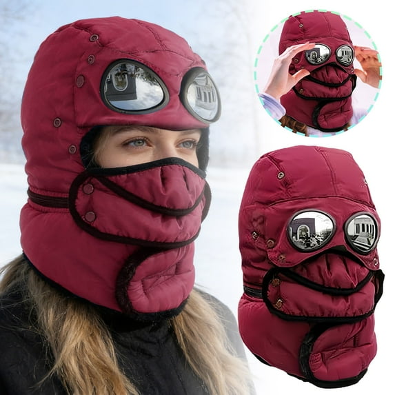 Winter Thermal Trapper Hat with Glasses, Winter Cycling Windproof Ski Mask Cap,Red
