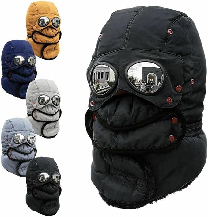 Winter Thermal Trapper Hat with Glasses Winter Cycling Windproof Ski Mask Cap ( a: black)