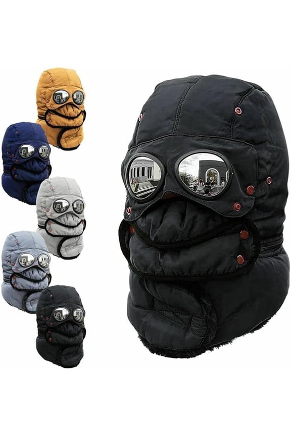 Winter Thermal Trapper Hat with Glasses Winter Cycling Windproof Ski Mask Cap ( a: black)
