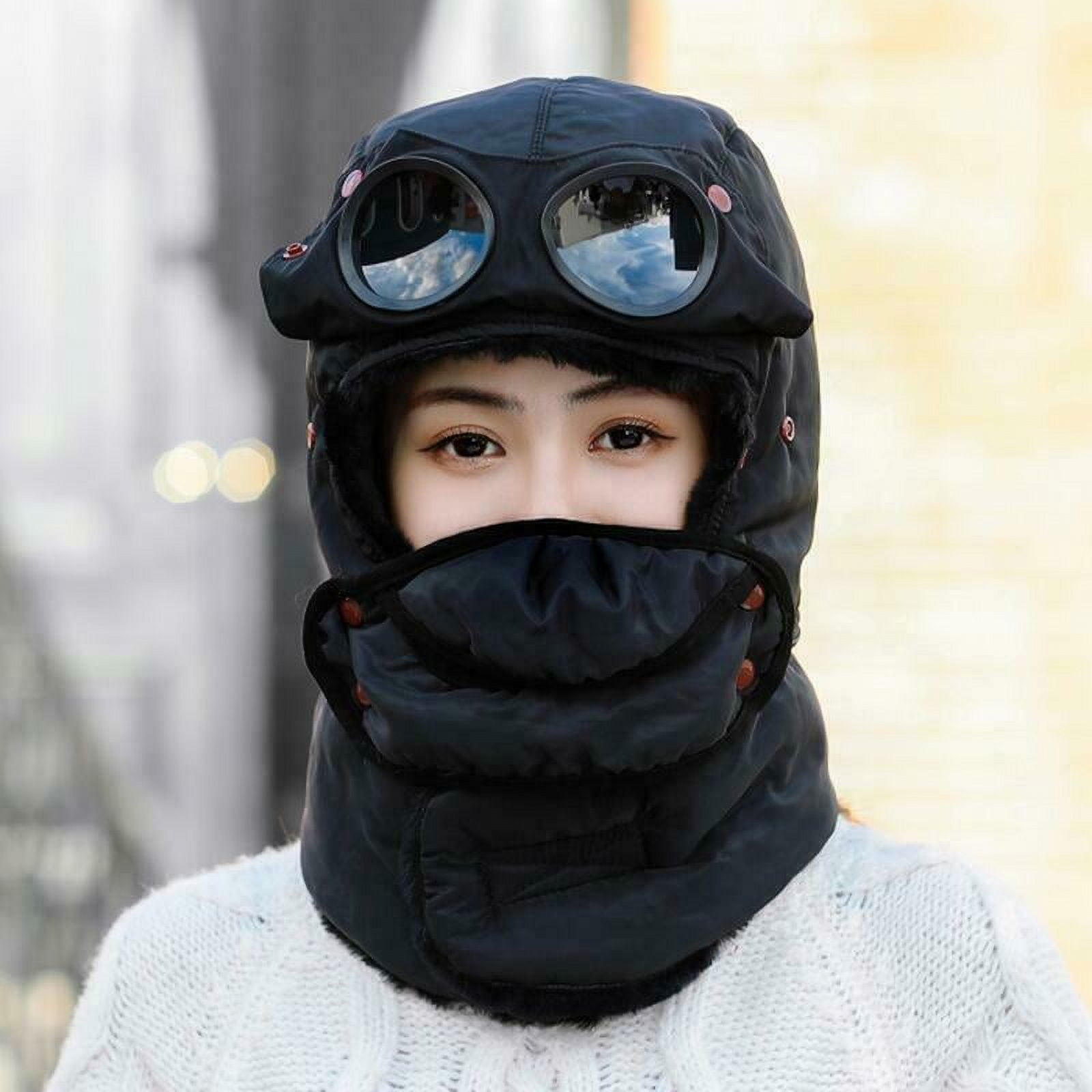 Winter Thermal Trapper Hat with Glasses Winter Cycling Windproof Ski Mask  Cap