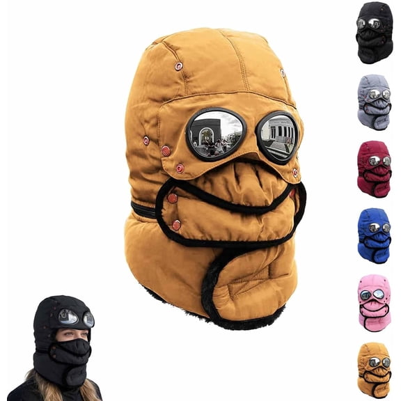 Winter Thermal Trapper Hat with Goggles, Beanie with Glasses Winter Cycling Windproof Ski Mask Cap, Adjustable for Most