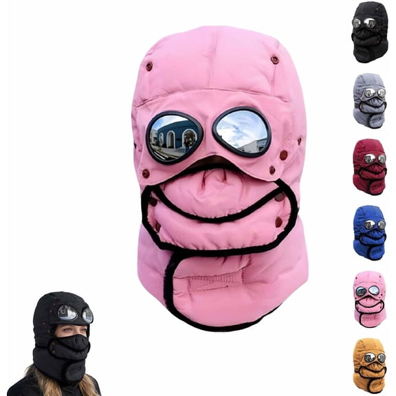 Winter Thermal Trapper Hat with Goggles, Beanie with Glasses Winter Cycling Windproof Ski Mask Cap, Adjustable for Most