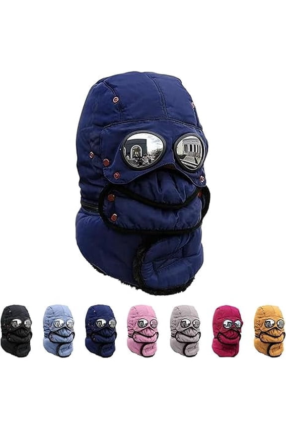 Windproof Thermal Trapper Hat with Goggles – Ideal for Winter Skiing & Cycling( Navy Blue 1 PCS)