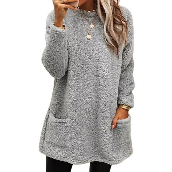 Winter Thick Fleece Sweatshirt For Women Long Sleeve Crewneck Tunics Top Thermal Pullover with Pockets Fuzzy Outerwear