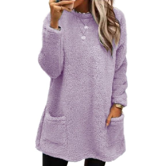 Winter Thick Fleece Sweatshirt For Women Long Sleeve Crewneck Tunics Top Thermal Pullover with Pockets Fuzzy Outerwear