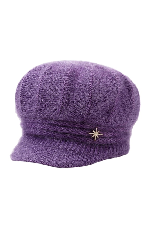 Winter Thick Soft Yarn Knitted Hat with Brim & Rhinestone - Warm Thermal for Autumn/Winter, Stylish Headwear for Cold Weather Outdoor Activities,Size:One Size