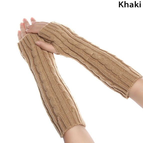 Winter Thick Warm Arm Warmers Twist Fingerless Gloves Fingerless Mittens Long Knitted Gloves Button Mitten KHAKI