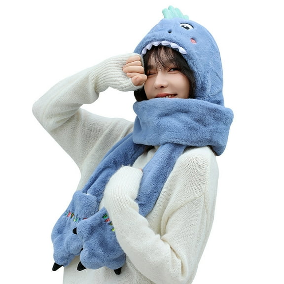Winter Thick Warm Dinosaur Hat Scarf Gloves Ear Protection 3-piece Hat Set for Youth Christmas Gift