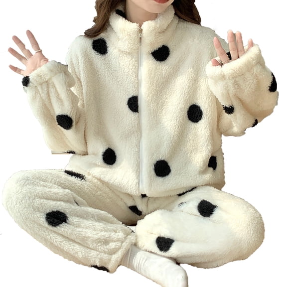 Winter Thicken Pajamas Sets for Women, Fashion Polka Dot Print Full Zip Up Coat and Fleece Pants 2 Piece Outfits