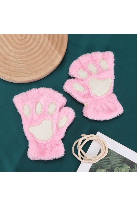 Winter Thickened Fluffy Bear Paw Half Finger Gloves Cute Cartoon Cat Paw Open Finger Gloves for Girls