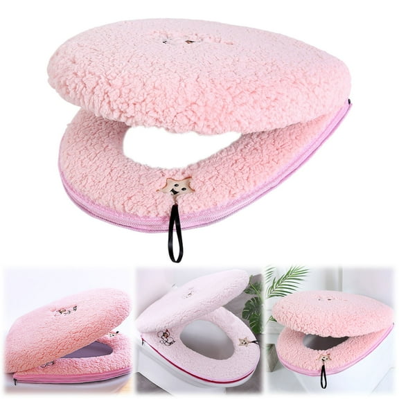 Winter Thickened Toilet Seat Warmer Cover, Fuzzy Plush Washable Toilet Lid Cover for Bathroom with Zipper, Pink