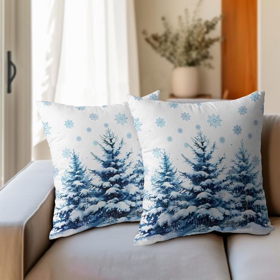Winter Throw Pillow Covers 20x20 Set of 2, Seasonal Snow Blue Pine Trees Forest Cotton Linen Decorative Pillows Cushion Case for Couch Sofa Christmas New Year Holiday Decor