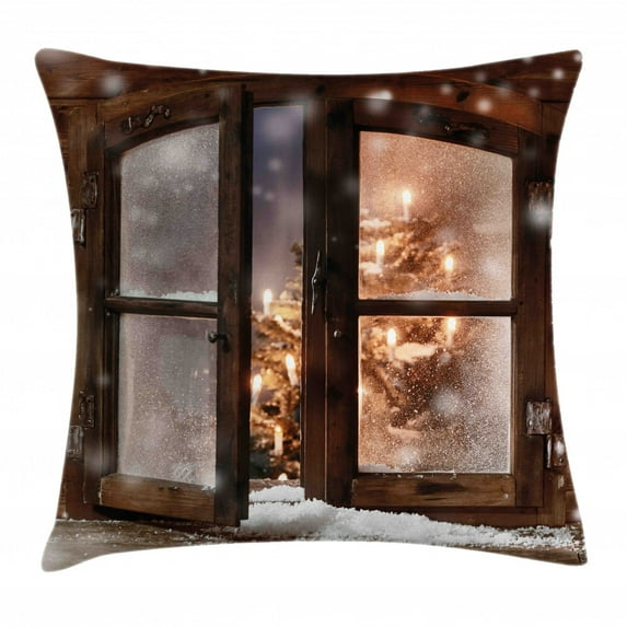 Winter Throw Pillow Cushion Cover, Close up Snow on Vintage Wooden Christmas Window Pine Christmas Tree Inside Cabin, Decorative Square Accent Pillow Case, 24 X 24 Inches, Brown White, by Ambesonne