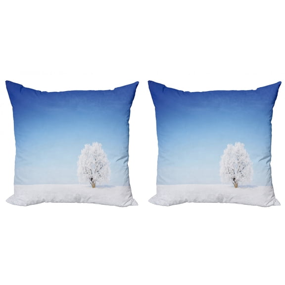 Ambesonne Blue Throw Pillow Cover 2 Pack, Alone Tree Snowy Field, 20", White Blue