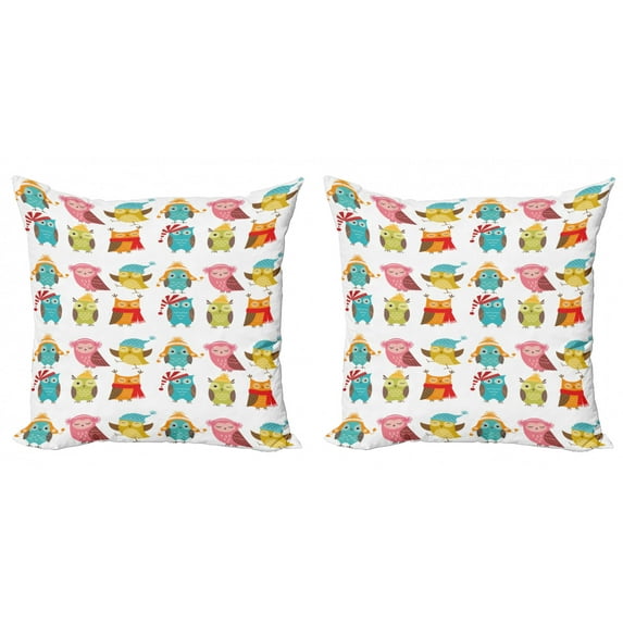 Ambesonne Winter Throw Pillow Cover 2 Pack, Cartoon Funny Owls, 18", Multicolor