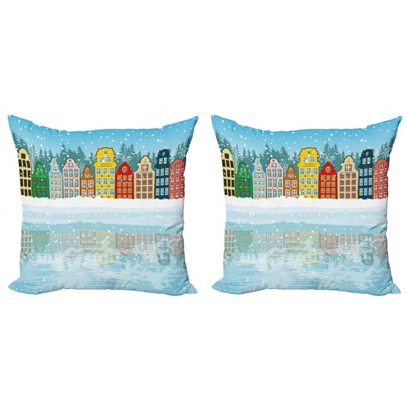 Ambesonne Winter Throw Pillow Cover 2 Pack, Christmas Houses Sea, 16", Multicolor