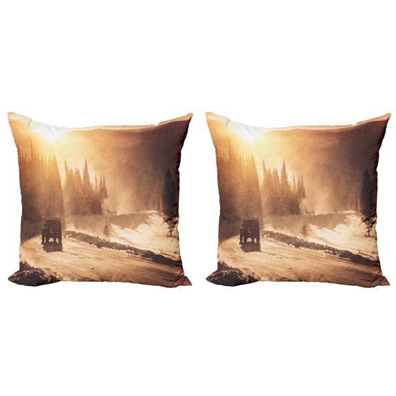 Ambesonne Winter Throw Pillow Cover 2 Pack, Colorado Mountain Road, 16", Brown Orange Yellow
