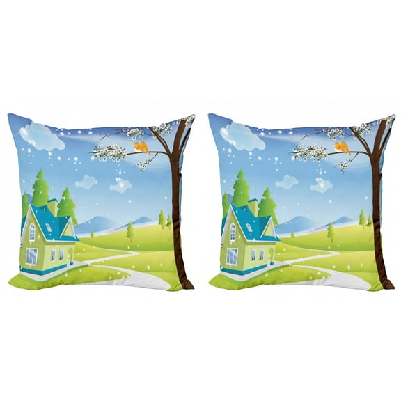 Winter Throw Pillow Cushion Cover Pack of 2, Cozy Pattern of a House View in a Meadow with a Blossoming Tree and 2 Birds, Zippered Double-Side Digital Print, 4 Sizes, Multicolor, by Ambesonne