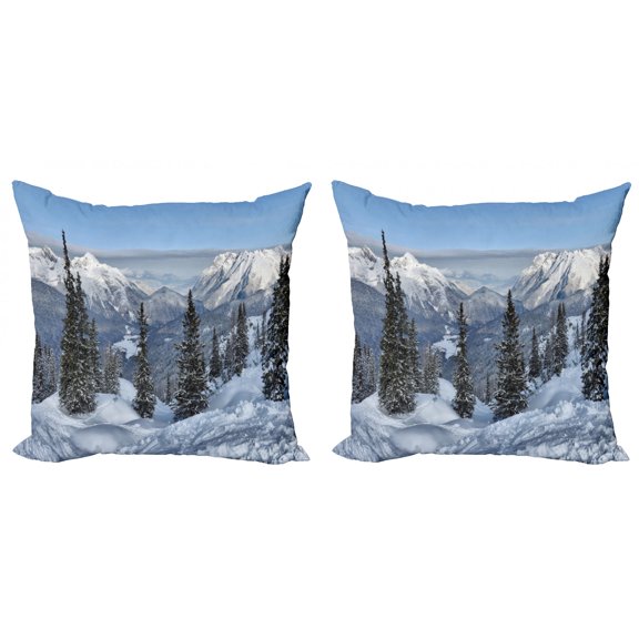 Ambesonne Winter Throw Pillow Cover 2 Pack, Woodland Snowy Mountain, 18", White Green