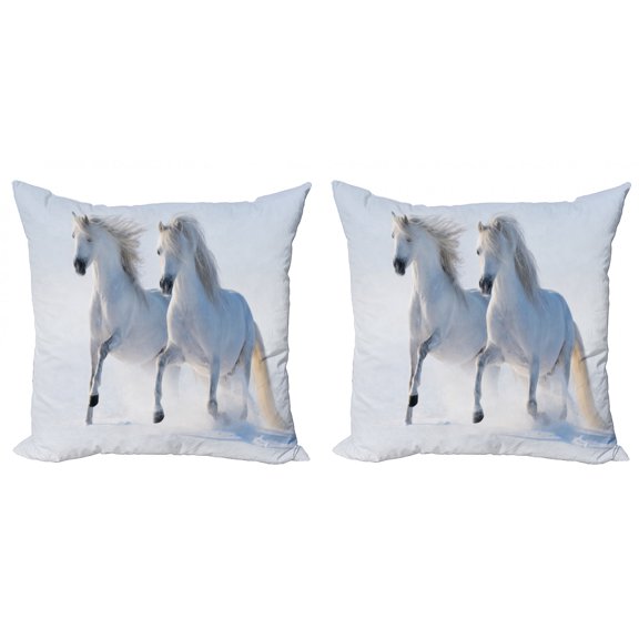 Ambesonne Winter Throw Pillow Cover 2 Pack, Wintertime Horse Animal, 18", White