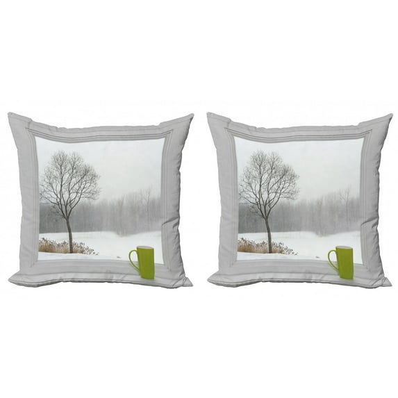 Ambesonne Winter Throw Pillow Cover 2 Pack, Green Teacup and Window, 18", Apple Green Beige White
