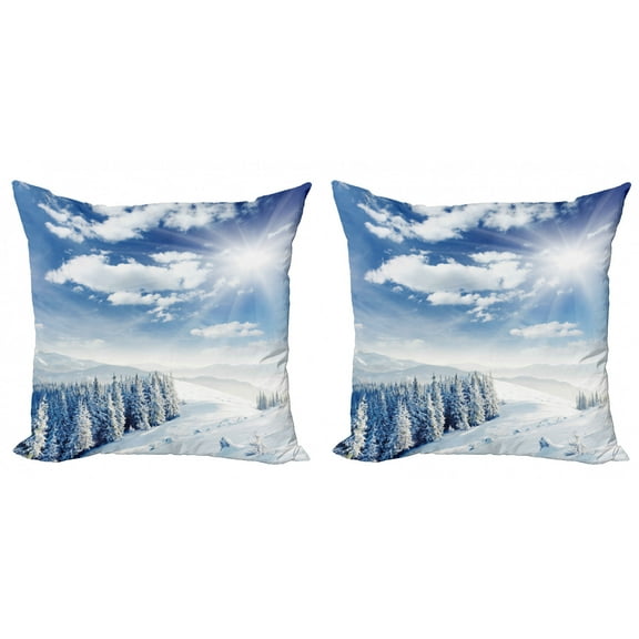 Ambesonne Winter Throw Pillow Cover 2 Pack, Idyllic Snow Mountain, 18", Pale Blue White