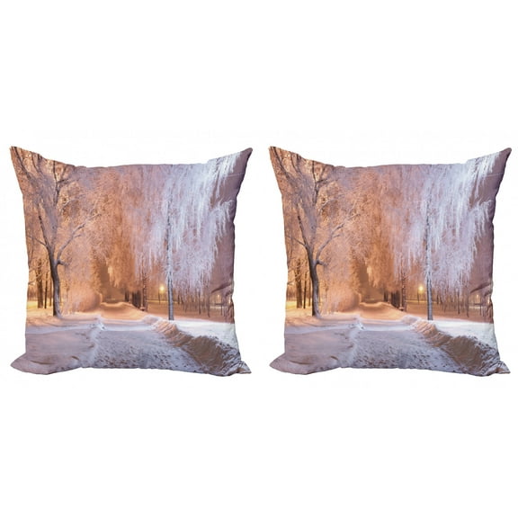 Ambesonne Winter Throw Pillow Cover 2 Pack, Night Scene Frozen Trees, 16", Salmon White