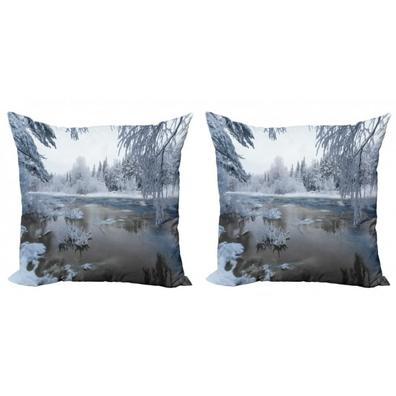 Ambesonne Winter Throw Pillow Cover 2 Pack, Nordic Snow Nature Icy, 24", White Dark Taupe