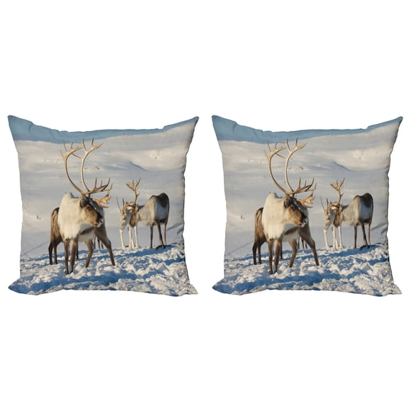 Ambesonne Winter Throw Pillow Cover 2 Pack, Reindeers Norway Caribou, 16", Brown Ivory Blue