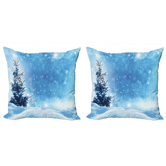 Ambesonne Winter Throw Pillow Cover 2 Pack, Frozen Pine Snowflakes, 18", Blue White