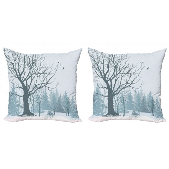 Ambesonne Winter Throw Pillow Cover 2 Pack, Snowy Forest Trees Birds, 20", Petrol Blue