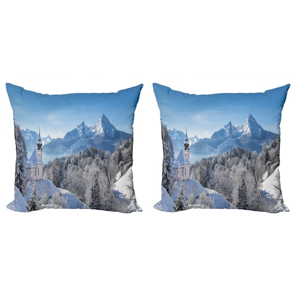 Ambesonne Winter Throw Pillow Cover 2 Pack, Bavaran Alps Germany, 16", Blue White