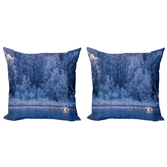 Ambesonne Winter Throw Pillow Cover 2 Pack, Idyllic Nature Rural, 16", Blue